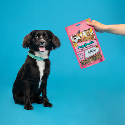 a bag of snaggletooth freeze dried duck liver treats next to a small black dog